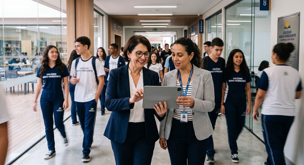 Gestora escolar trabalhando com tranquilidade em um ambiente escolar seguro